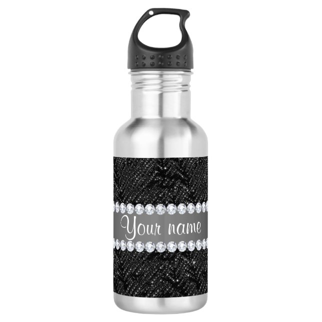 Faux Black Sequins Sparkles and Diamonds Stainless Steel Water Bottle (Front)