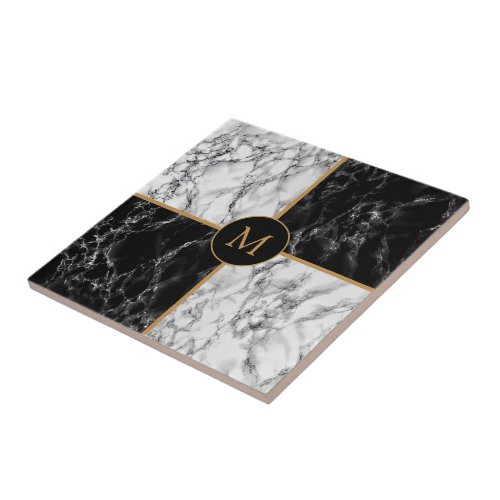 Faux Black White Check Marble Monogram Special Ceramic Tile