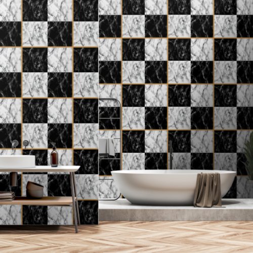 Faux Black White Check Marble Stone Design Wallpaper