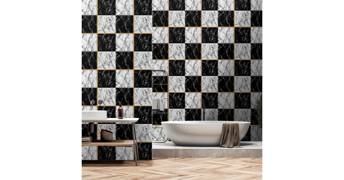 Faux Black White Check Marble Stone Design Wallpaper | Zazzle