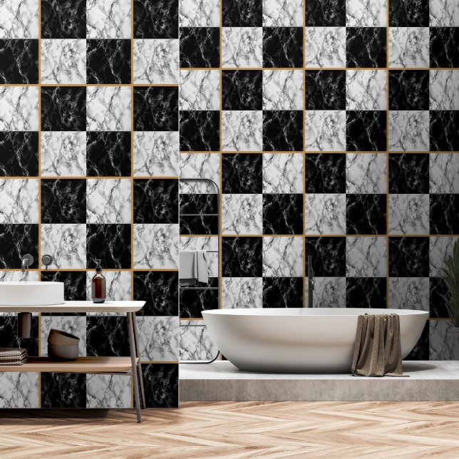 Faux Black White Check Marble Stone Design Wallpaper (Bathroom)