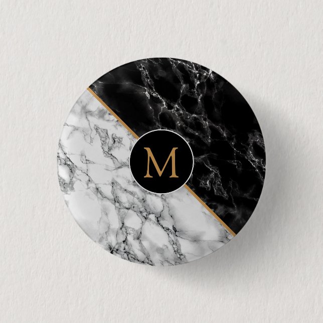 Faux Black White Marble Button Personalized Letter (Front)