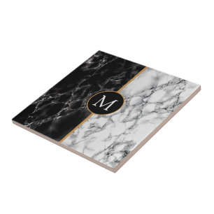 Faux Black White Marble Ceramic Tile - Monogram