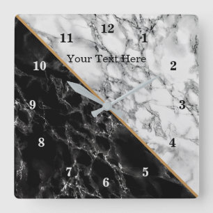 Faux Black White Marble Clock with Custom Text