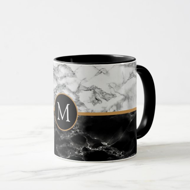Faux Black White Marble Coffee Mug Monogram Letter (Front Right)