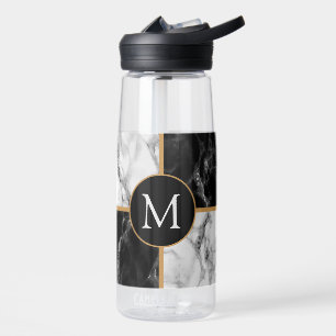 Faux Black White Marble Custom Letter Personalized Water Bottle