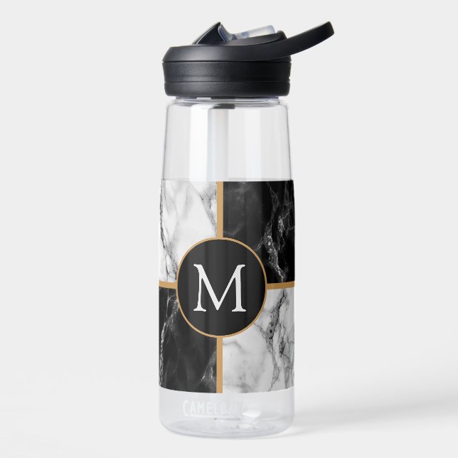 Faux Black White Marble Custom Letter Personalized Water Bottle (Left)