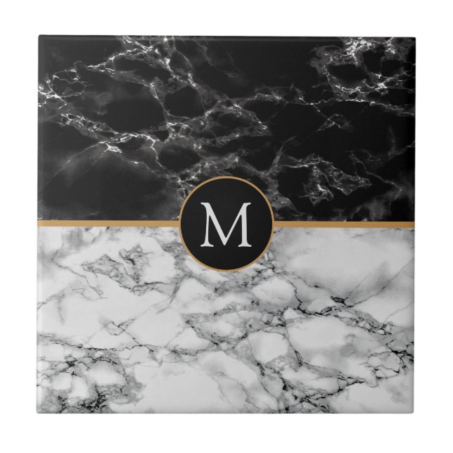 Faux Black White Marble Monogram Ceramic Tile (Front)