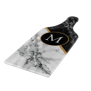 Faux Black White Marble Monogram Cutting Board