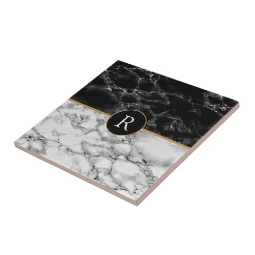 Faux Black White Marble Monogram Your Letter Ceramic Tile