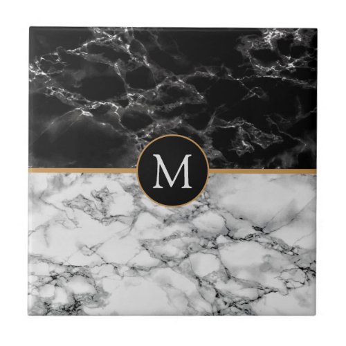 Faux Black White Marble Stone Monogram Personalize Ceramic Tile