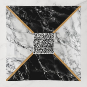 Faux Black White Marble Trinket Tray with QR Code