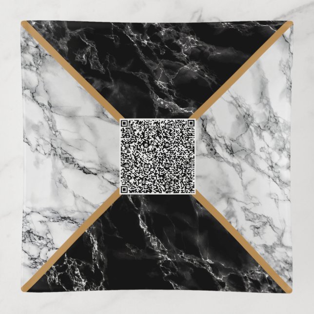 Faux Black White Marble Trinket Tray with QR Code (Front)