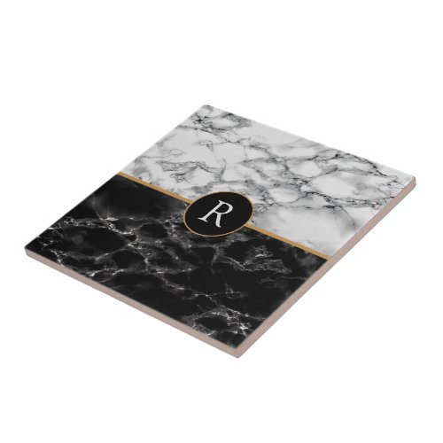 Faux Black  White Marble _ Your Letter Monogram Ceramic Tile
