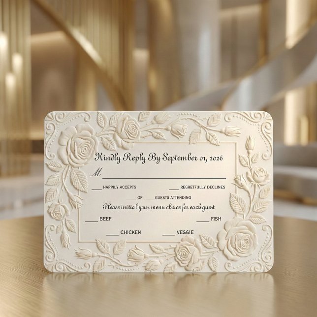 Faux Blind Embossed Floral Sculpture Ivory RSVP Card (Creator Uploaded)