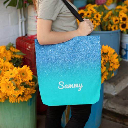 Faux Blue and Aqua Ombre Glitter Tote Bag