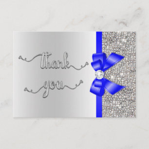 Faux Blue Bow Silver Sequins Thank You Wedding