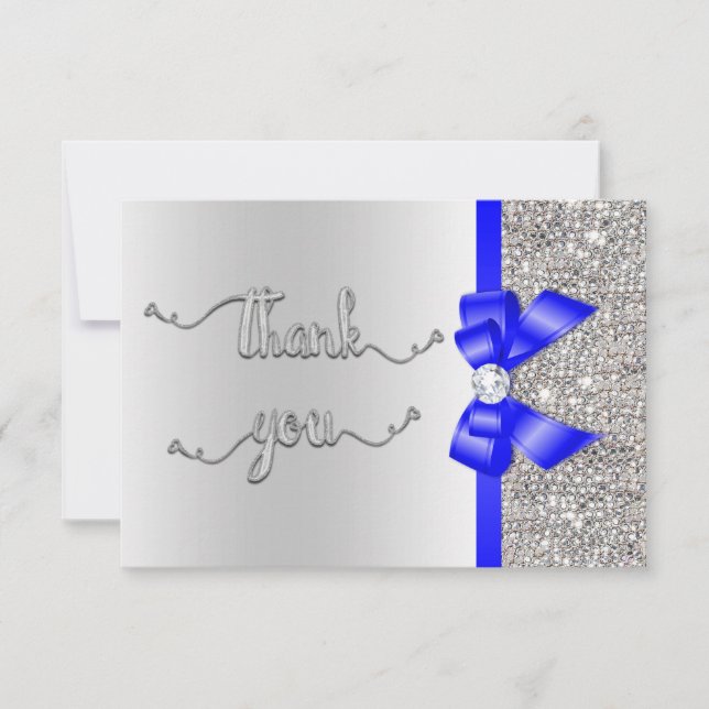 Faux Blue Bow Silver Sequins Thank You Wedding (Front)