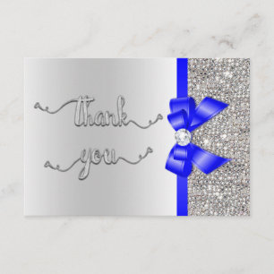 Faux Blue Bow Silver Sequins Thank You Wedding Card