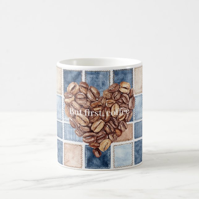 Faux Blue Cream Denim First Coffee Beans Heart Mug (Center)