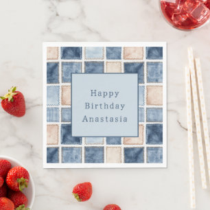 Faux Blue Cream Denim Jean Birthday Napkins