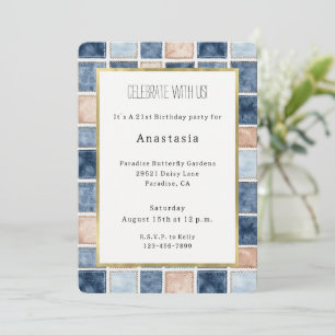 Faux Blue Cream Denim Squares Birthday Invitation