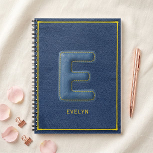 Faux Blue Denim 3D Puffy Letter E Monogram Name Notebook