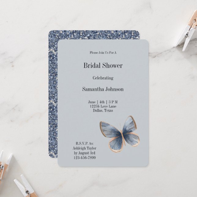 Faux Blue Denim Butterfly Bridal Shower Invitation (Front/Back In Situ)