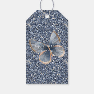 Faux Blue Denim Butterfly Glitter Birthday Gift Tags