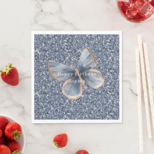 Faux Blue Denim Butterfly Glitter Birthday Napkins