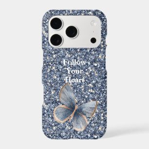 Faux Blue Denim Butterfly Glitter iPhone 17 Pro Case