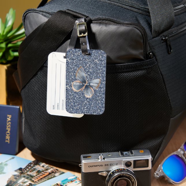 Faux Blue Denim Butterfly Luggage Tag (Front & Back)