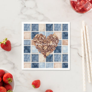 Faux Blue Denim Cream First Coffee Beans Heart Napkins