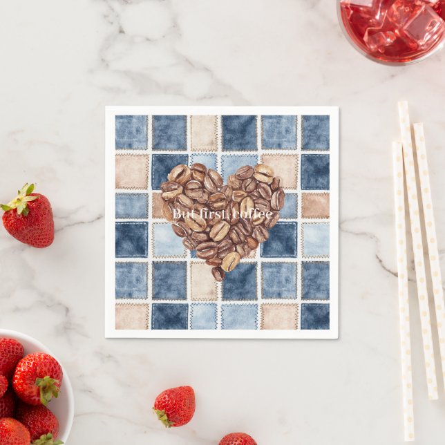 Faux Blue Denim Cream First Coffee Beans Heart Napkins (Insitu)