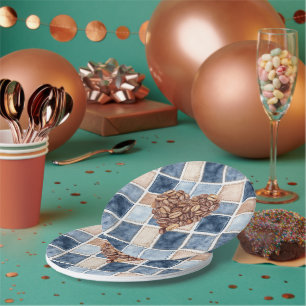 Faux Blue Denim Cream First Coffee Beans Heart Paper Plates
