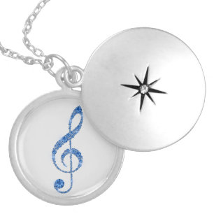 Faux Blue Diamond Treble Clef Music Locket Necklace