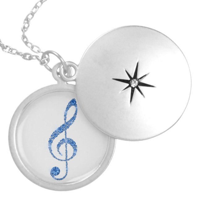 Faux Blue Diamond Treble Clef Music Locket Necklace (Front)