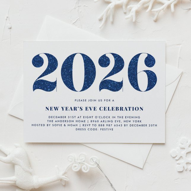Faux Blue Glitter 2026 New Year's Eve Party Invitation (Customizable 2026 New Year's Eve party invitation featuring faux navy blue glitter.)