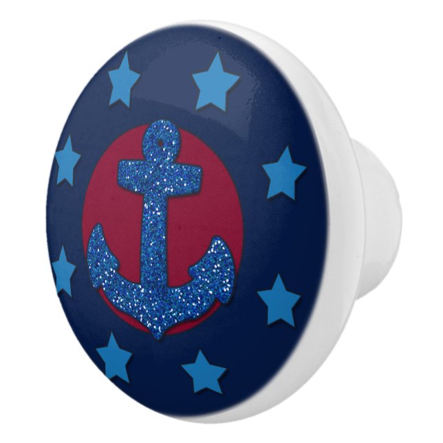 Faux Blue Glitter Anchor | Nautical Ceramic Knob (Right)