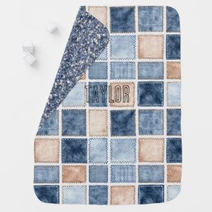 Faux Blue Glitter Cream Denim Baby Blanket