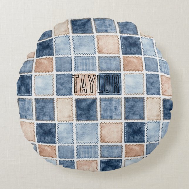Faux Blue Glitter Cream Denim  Round Pillow (Front)