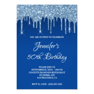 Faux Blue Glitter Drips 50th Birthday Invitation