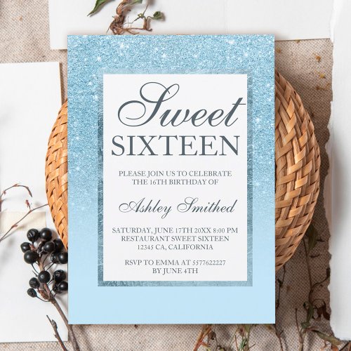Faux blue glitter elegant chic Sweet 16 Invitation