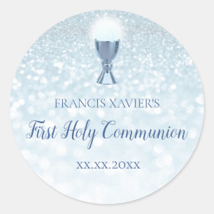 FAUX blue glitter First Communion Classic Round Sticker