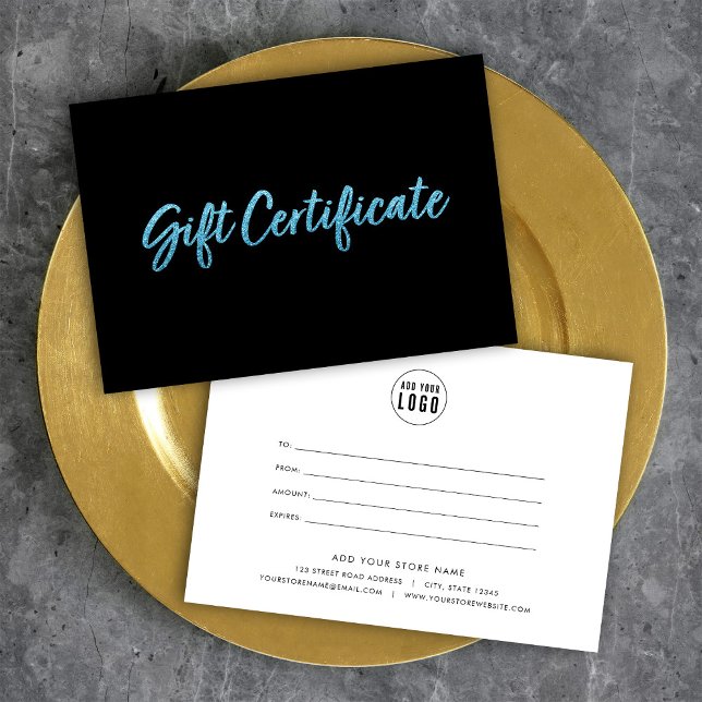 Faux Blue Glitter on Black Gift Certificate (Creator Uploaded)