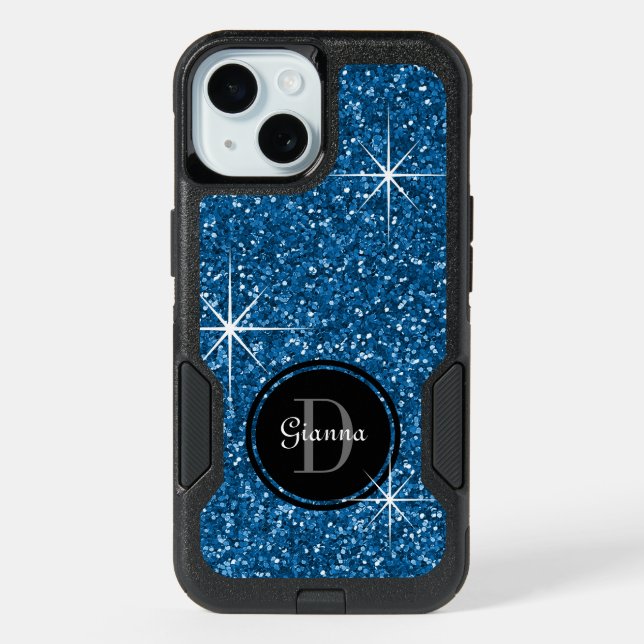 Faux Blue Glitter Personalized iPhone 15 Case (Back)