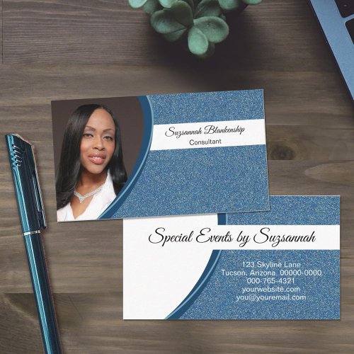 Faux Blue Glitter Professional Custom Photo Business Card