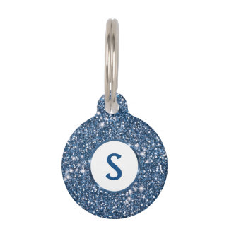 Faux Blue Glitter Texture Look And Custom Monogram Pet ID Tag