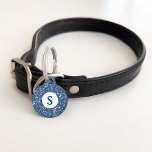 Faux Blue Glitter Texture Look And Custom Monogram Pet ID Tag<br><div class="desc">Destei's digitally created blue glitter texture pattern design together with a round white circle with a personalizable monogram letter. On the other side there are personalizable text areas for a name and for a phone number. PLEASE NOTICE: THERE IS NO REAL GLITTER ON THIS ITEM. THE DESIGN IS A DIGITAL...</div>