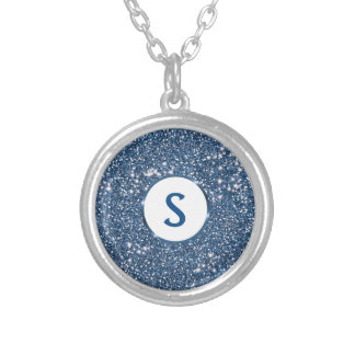 Faux Blue Glitter Texture Look And Custom Monogram Silver Plated Necklace